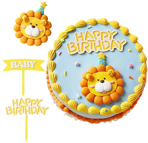 5 PCS Tortendeko Gelbe Löwen Tiere Geburtstag Tortendeko Deko 1. Geburtstag Junge mit HAPPY BIRTHDAY und BABY Papierstau 2 Hintergrundständer für Party Kinder Mädchen Baby