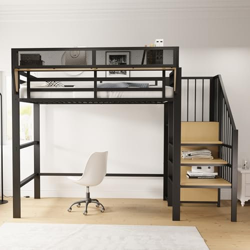 Kebnor Cama alta con escalera de seguridad y compartimento de almacenamiento flexible, cama de metal, cama para adultos, litera infantil, color blanco (negro, 90 x 200 cm)