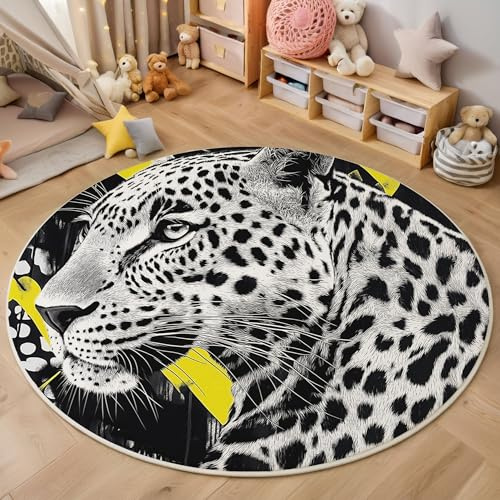 MIATCENRT Runder Teppiche Wohnzimmer, Schwarz Weiß Tiere Leopard Muster Waschbare Teppiche, rutschfest Weicher Pop Art Teppich für Wohnzimmer, Schlafzimmer, Esszimmer, Kamin, 120cm