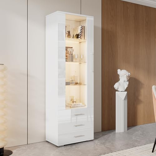 VSOGA Vitrine blanche brillante avec éclairage LED, 3 tiroirs, 60 x 35 x 180 cm - Vitrine sur pied avec façade en verre