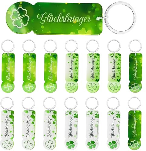 NINGYER 15 Stück Acryl Einkaufswagenchip Schlüsselanhänger Set | mit 15 Organzabeuteln 15 Glückskarte mit vierblättrigem Kleeblatt für Geburtstage, Partys, Taufen
