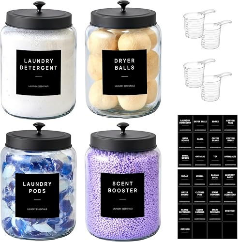 BIKALAN Waschmittel Pods Aufbewahrung Glas, 2L Waschpulver Glasbehälter Vorratsdosen mit Edelstahl Deckel Luftdicht und 26 Aufkleber, Mehl behälter, Pasta Vorratsgläser (2L-Schwarz*4)