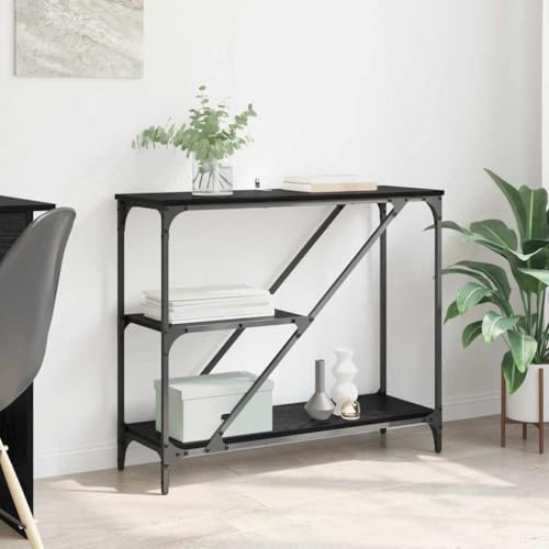 ULUYYUC Table console en chêne noir 88,5 x 30 x 75 cm avec 3 étagères, cadre en métal robuste, table d'appoint peu encombrante pour couloir, salon et chambre à coucher