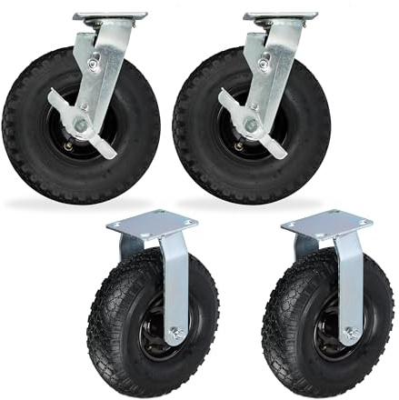 Relaxdays 2X Bockrolle + 2X Lenkrolle Set, luftbereiftes Schwerlastrad, 3.00-4, Transportrollen 120 kg, schwarz/Silber | luftbereiftes Schwerlastrad, 3.00-4, Transportrollen 120 kg