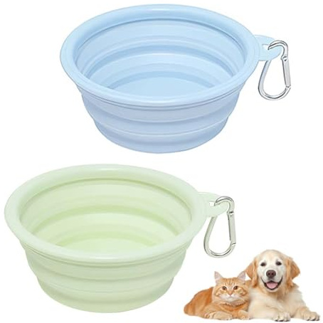 MKEAWWU Ciotola Portatile Per Cani Pieghevole Silicone, 2 Pezzi Da Viaggio Con Moschettone, 350 Ml, Blu Grigio E Verde