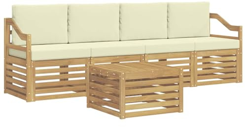 vidaXL Outdoor-Sofagarnitur mit Kissen 5 pcs Weiß und Creme Polyester, Garten Lounge-Sofa, strapazierfähige Außensitzgruppe, modernes Terrassenmöbel, bequemer Wohnbereich