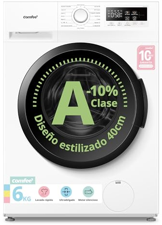 COMFEE' Lavadora 6kg, Ultradelgado 40cm, Clase A-10%, 1200RPM, CFP01EW60W | Lavado rápido, 16 Programas, Vapor higiénico, Baby Care, Limpieza de tambor, Motor BLDC Inversor, Blanco, W*H*D-59.5*85*40cm