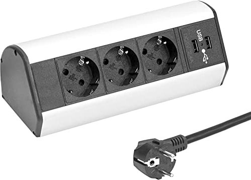 Elbe Inno® Tischsteckdose für die Arbeitsplatte (3 Steckdosen & 2 USB), Mehrfachsteckdose für Küche und Büro, Steckdosenleiste aus Aluminium in schwarz-grau Optik