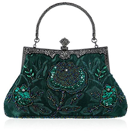 Jagenie Clutch, Vintage-Stil, mit Perlen, Blumenmuster, für Hochzeit, Party, Abschlussball, Handtasche Clutch dunkelgrün
