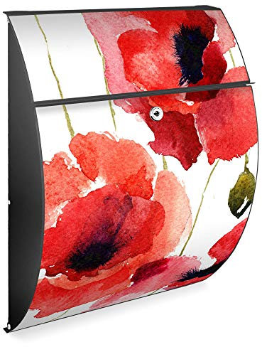 Burg Wächter Design Briefkasten| Modell Riviera 46cmx33,5cmx13cm groß| verzinkter Stahl Anthrazit | Postkasten mit Öffnungsstopp, großer A4 Einwurf, Zylinderschloss, 2 Schlüssel Mohn Aquarell