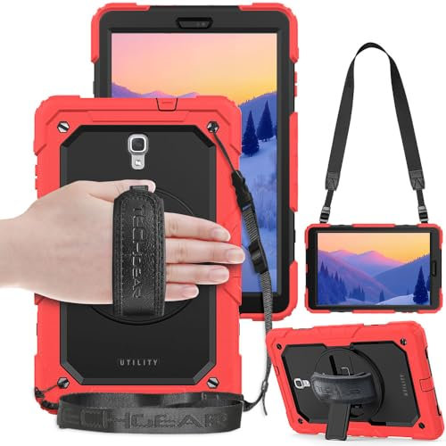 TECHGEAR UTILITY Case fits Samsung Galaxy Tab A 10.5 (SM-T590 Series) Tough Rugged HEAVY DUTY Armour Shockproof Protect Case 360 Degree Rotating Stand, Hand Strap and Shoulder Strap - Red