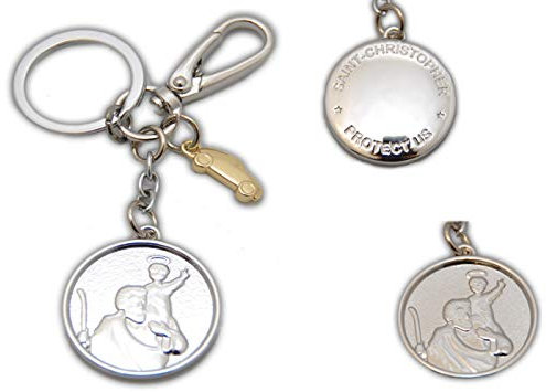 Schnäppchenladen24 † St. Christophorus Metall Schlüsselanhänger silber + goldenes Auto mit Karabinerhaken,ca. 4 cm †