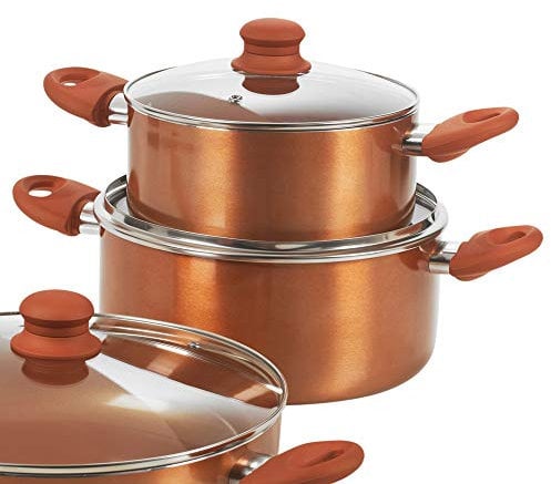 Non Stick Ceramic Induction Casserole Dish Stockpot Pot Soup Stew Pan Glass Lid (Copper, 20cm + 24cm Set)