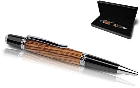 Handgefertigter Kugelschreiber aus Echtholz | Hochwertiges Geschenkset mit Etui | Business Geschenk Set aus Edel Holz für Mitarbeiter und Kunden (Zebrano)