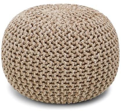 REDEARTH Round Pouf Ottoman - Hand Knitted Cable Boho Poof Home Décor Pouffe Circular Footrest for Living Room - Nursery - Bedroom - Lounge 100% Cotton (19.5x19.5x14) - Beige Ivory