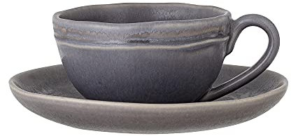Bloomingville Cappuccino Tasse mit Unterteller Raben, grau, Keramik, 2er Set
