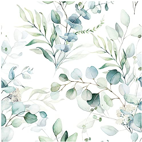 HAOKHOME Self Adhesive Wallpaper Renter Friendly Floral Wall Paper Bathroom | Boho Green/White Eucalyptus Leaf Removable Wall Mural Living Room Home Kids Decor Stick on Wallpaper 10m x 44cm