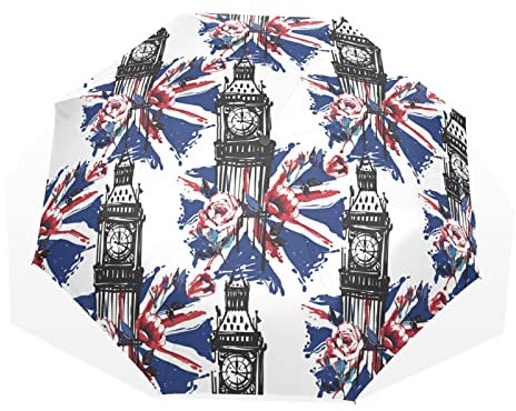 TropicalLife Regenschirm London Rose Union Jack Big Ben Winddicht 3 Falten Regenschirm für Damen Herren Mädchen Jungen Unisex Ultraleicht Outdoor Reisen Kompakter Regenschirm, multi, Einheitsgröße