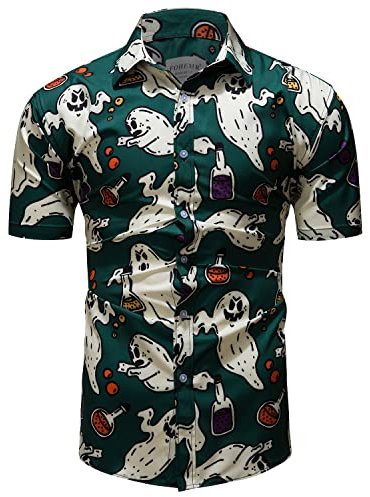 fohemr Mens Halloween Shirts Ugly Pumpkin Print Short Sleeve Button Down Casual Hawaiian Shirt Ghost Theme Adult Dress Green Medium