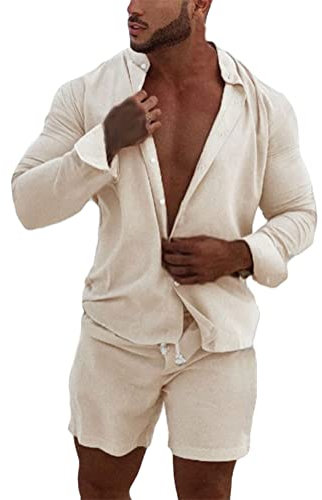Onsoyours Zweiteiler Herren Leinenanzug Sommer Freizeitanzug Einfarbig 2-teilig Langarm Button-Up Stehkragen Hemd und Shorts Beach Strand Shirt Kurze Hose Set Anzug A Beige XL