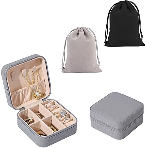 TIANNAIT 1 Stück Schmuck-Organizer mit 2 Stück Organizer-Taschen, PU-Leder, tragbare Schmuckschatulle, Mini-Reise-Schmuck-Geschenkbox, kleine Schmuckschatulle für Frauen, Mädchen (Grau)