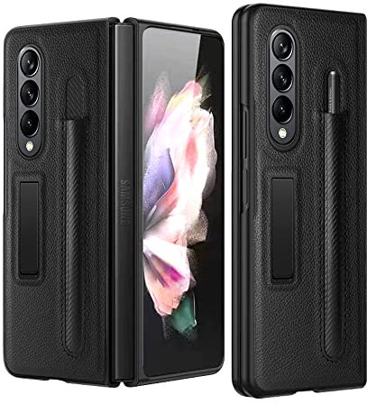 Per Samsung Galaxy Z Fold 4 Cover con Protezione per lo Schermo Integrata, Custodia con Supporto S-Pen, Guscio Pieghevole Incernierato, Protezione Pieghevole Antiurto Doppio Strato con Cavalletto-Nero