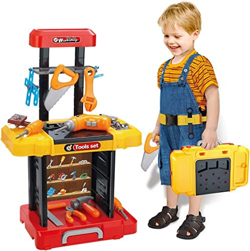 BAKAJI Banco de Trabajo Juguete para Niños Convertible en una Maletín Portátil Cómodo para Jugar, Juego con Herramientas de Trabajo, Taladro Eléctrico, Juego de Juegos Imitación Educativos, Idea de