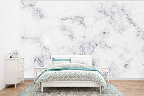 Selbstklebend Tapete Wandpapier Wandaufkleber Fototapete Tapeten Wanddeko 320x240 cm Marmor - Weiß - Silber - Glitter - Marmoroptik - Chic