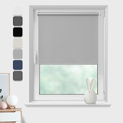 Verdunklungsrollo ohne Bohren Klemmfix, Hellgrau B50xH130cm(Stoffbreite45cm) Thermo Rollos für Fenster ohne Bohren Rollos Für Innen Verdunkelung& Sonnenschutz Seitenzugrollo Klemmrollos für Fenster