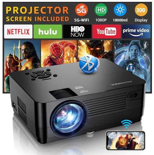 5G WiFi Bluetooth Native 1080P Projector, Roconia 18000LM Full HD Movie Projector, 300 Display Support 4k Home Theater,Compatible with iOS/Android/XBox/PS4/TV Stick/HDMI
