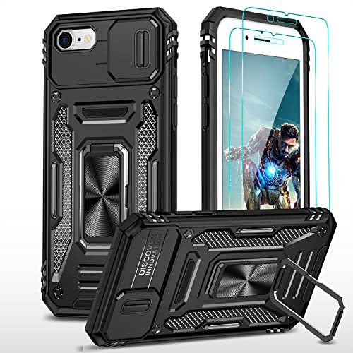 YmhxcY for iPhone SE 3 2022 Case,iPhone SE 2020 Case, iPhone 8/7 Case, iPhone 6/6S Case and Military-Grade Explosion-Proof Screen Protector [2 Packs] 360° Can Rotate Stand-Black