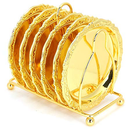 6 Pièces Dessous de Verre, 10cm sous-Verre Ronde en Métal Rétro de Style Européen avec Support, Tapis de Tasse Antidérapants pour Mariage, Dîners, Restaurant, Hôtel(Or)