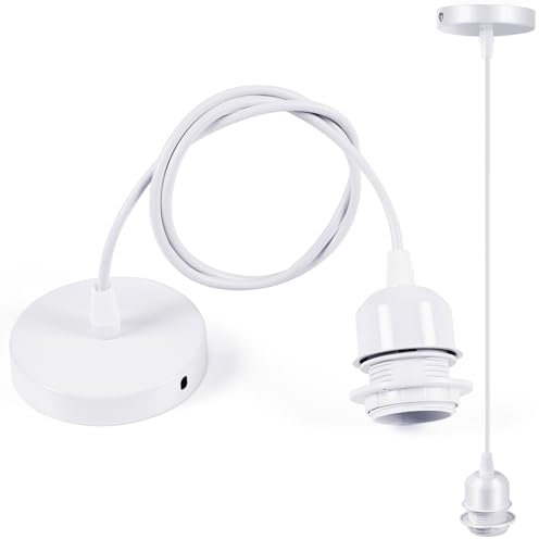 Sevenpers Pendant Light Fittings Ceilings, E27 Industrial Style White Ceiling Rose with Ground Wire and 90cm Cable,Suitable for Bedroom Living Room Hallway Kitchen