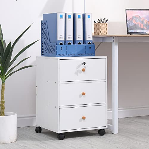 Mobile Lockable File Storage Cabinet with 3 Drawers on Wheels Under Desk Wood Beside Cabinet Pedestal for Unit Document Home Office Printer Stand Filing Side Drawers Nightstand on Caster (White)