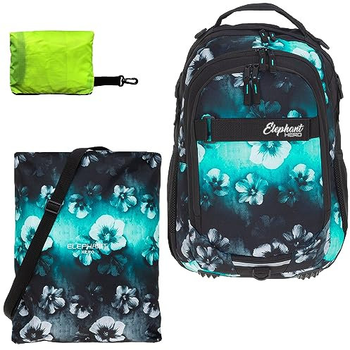 Elephant Schulrucksack Jungen Mädchen ab 3. Klasse Schule Tasche Brustgurt Schultasche Rucksack mit Sportbeutel Attach Bag und Regenhülle Premium 3 Teile Set Auswahl rtp (Flower Türkis 12805)