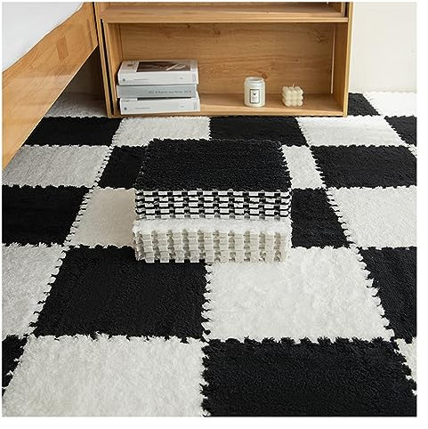 10 Stück Dicke, Ineinandergreifende Schaumstoff-Teppichfliesen, Flauschige Puzzle-Spielmatte, Weiche Plüsch-Teppichquadrate, Teppiche Für Den Heimgebrauch Im Spielzimmer(Color:Weiß+Schwarz)
