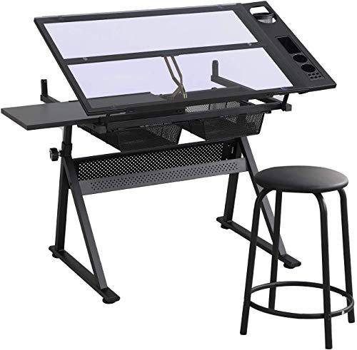 YSoLda Zeichentisch aus Glas, höhenverstellbarer Zeichentisch mit Hocker, neigbarer Kunsttisch, Maltisch mit gehärteter Glasplatte, Schreibtisch mit 2 Schubladen Beautiful Scenery