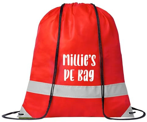 eBuyGB Personalised High Viz Reflective Drawstring Bag, Children’s PE Bag for School, Reflective Rucksack Bag with Name, Kids Pump Bag (Red)