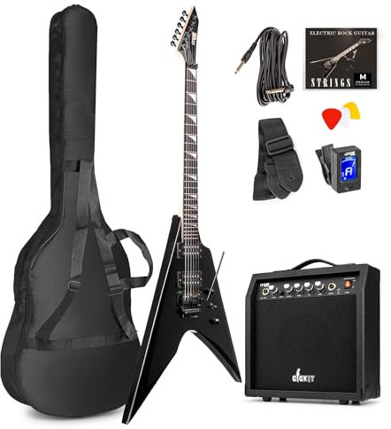 Max GigKit Beginner Electric Guitar Package with Amplifier, Tuner, Strap, Bag & Strings Set - V Style Black
