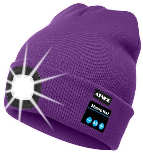 ATNKE LED beleuchtete Bluetooth Beanie Kappe, wiederaufladbare USB-Musikalische Laufmütze mit extrem hellem 4 LED Licht wasserdichte Lampe für das Skifahren/Inner Purple