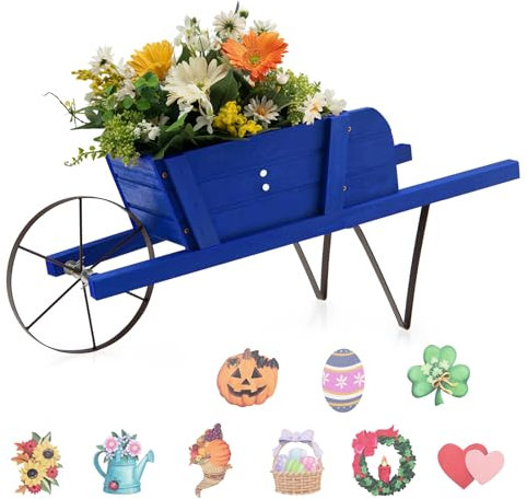 COSTWAY Jardinera de Madera, Carretilla para Interior y Exterior, Jardinera con 9 Accesorios Magnéticos, Rueda, 2 Manijas, Jardinera Rústica de Madera de Pino para Jardín, Patio, Hogar (Azul)