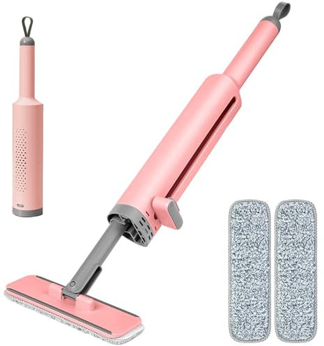 Rotatable Self-Squeeze Mini Mop with Crevice Brush, 3 in 1 Mikrofaser Bodenwischer mit Abzieher und Fugenbürste, 180° Drehbarer Wischmopp mit Auswringfunktion, Handfreier Flachmopp für Haus (Rosa)