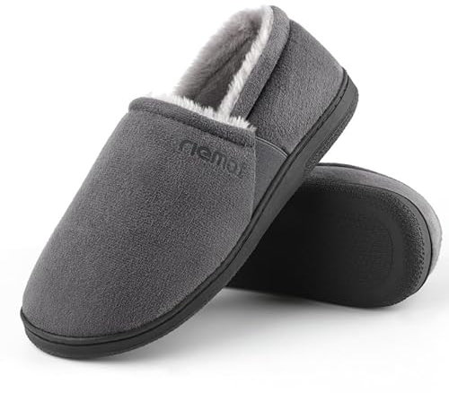 riemot Mokassin Hausschuhe Herren Warme Wildleder Pantoffeln Memory Foam Hausschuhe Diabetiker Schuhe Winter Sherpa Futter Haus Schuhe mit Anti-Rutsch Gummi Sohle Grau EU44