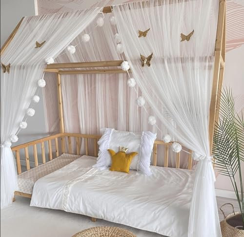 Baby Fancyroom Ciel de lit de Maison, décoration pour Chambre d'enfant, lit d'enfant, baldaquin, Guirlande de Pompons en Tulle de qualité supérieure (Ecru/Creme, 380cm, sans Papillons)