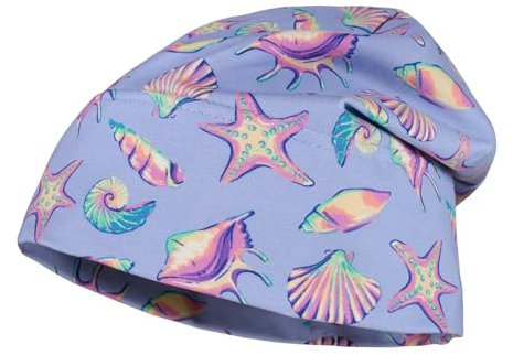 maximo Kids - Beanie für Mädchen, lila mit Muscheln und Seesternen, Jersey Bedruckt, UV 50, Made in Germany, Gr. 53