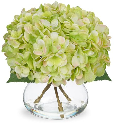 Oairse Hydrangea Artificial Flowers with Glass Vase Green Silk Faux Flowers Arrangements in Vase with Faux Water Fake Floral Bulk Bouquet for Home Decor Wedding Table Centerpiece Spring Decorations