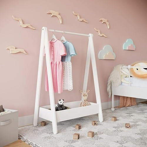 URBNLIVING Kids Wooden Hanging Dress Up Clothes Rail Rack Display Stand Extra Storage Shelf (White)