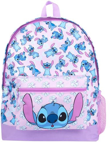 Disney Sac à dos d'école Stitch pour garçons et filles, sac à dos de voyage à 2 compartiments pour enfants, bretelles réglables et poche en maille, personnalisable, violet