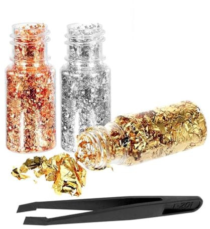 3 Flaschen Essbare Blattgoldblätter, Blattgold Flocken Multifunktions-Dekorfolienpapier Goldfolie Papier Dekorfolie Papier Küche Mousse Kuchen Backen Gebäck Kunsthandwerk Decor Blattgoldblätter