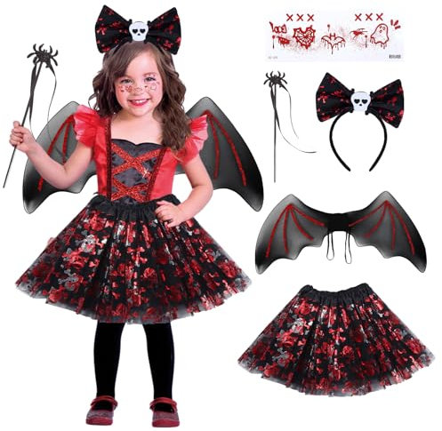 Tutukyle Costume de Chauve Souris Fille, Deguisement Halloween Fille Enfant Deguisement Chauve Souris Serre Tete Ailes Jupe Chauve-souris Araignée pour Halloween, Carnaval, Soirée à Thème, Cosplay